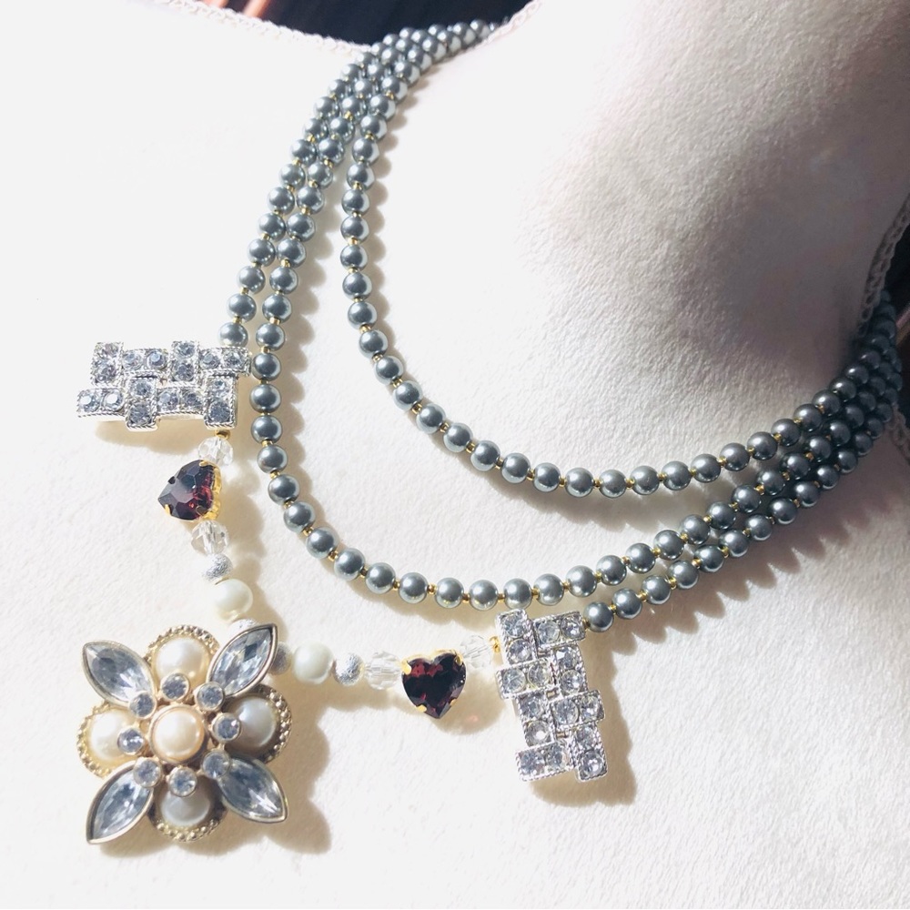 Handcrafted repurpose faceted gem Czech glass Pearl fancy toggle clasp necklace
